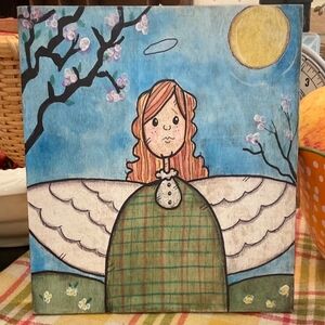 Charming Angel Art Print with Green and Blue Accents